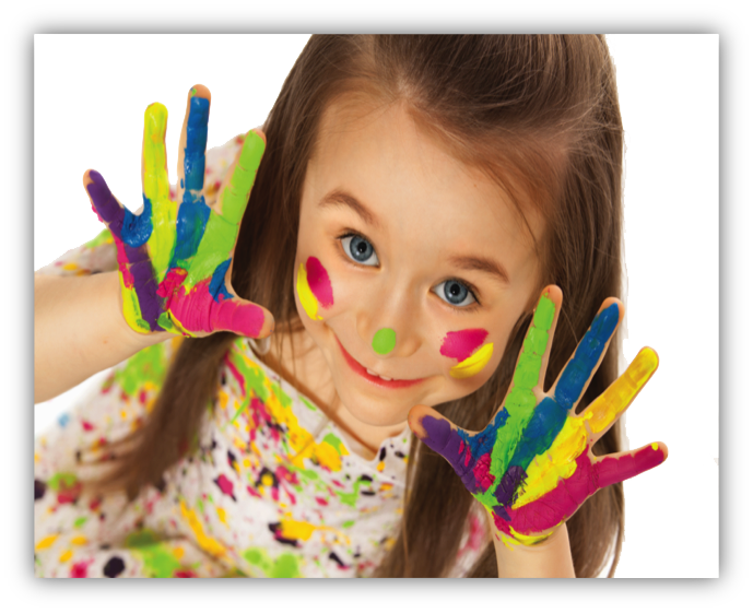A beautiful pre-schooler with bright blue eyes holds up her hands with fingers spread widely and fingerpaint all over them. She is in the special Yad Sarah play centre for children with special needs.