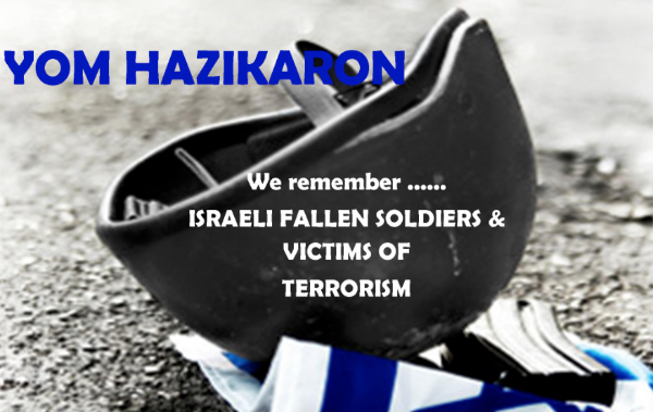 An inverted soldier's helmet resting on an Israeli flag. On the helmet is says, "We remember... Israeli Fallen Soldiers & Victims of Terrorism"